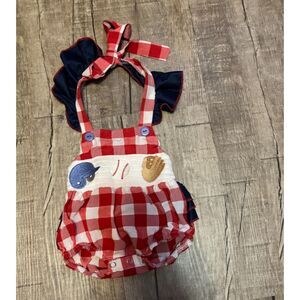 Marie Nicole Clothing 0-3M Baby Romper Red Gingham Baseball Outfit Cute